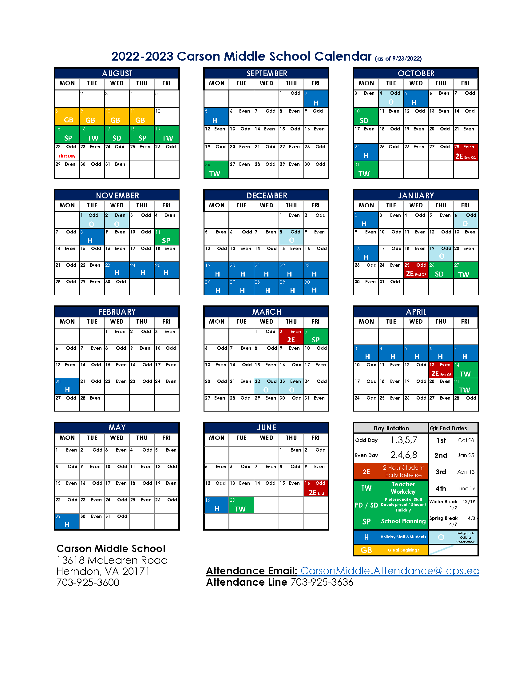 20222023 Odd/Even Day Calendar Rachel Carson Middle School